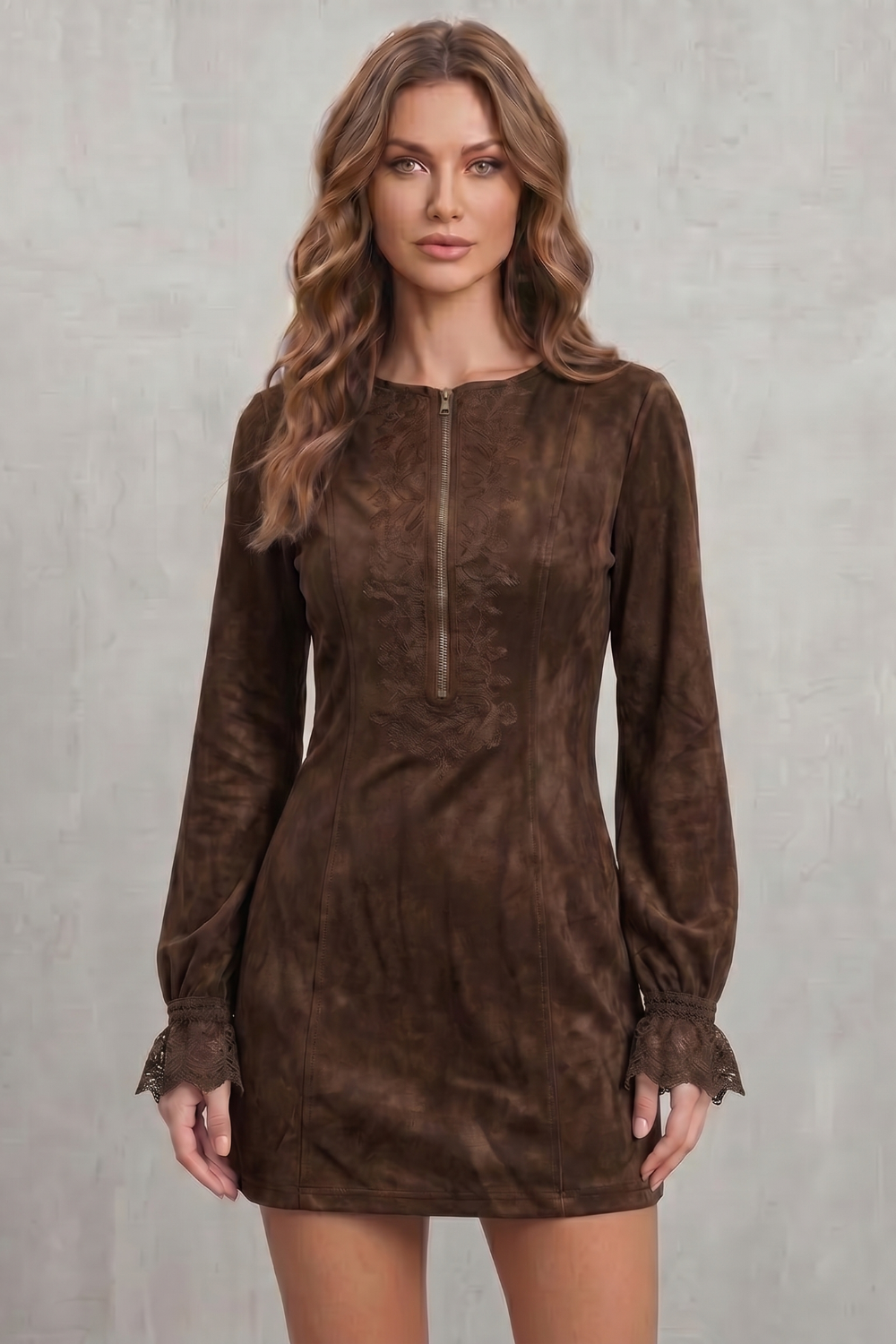 Embroidered detail – Zip-front mini dress