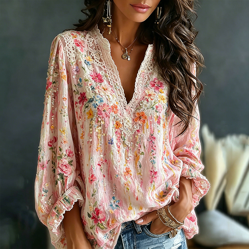 Women's Oil Painting Romantic Floral And Lace Art Cotton Linen V-neck Long Sleeve Top