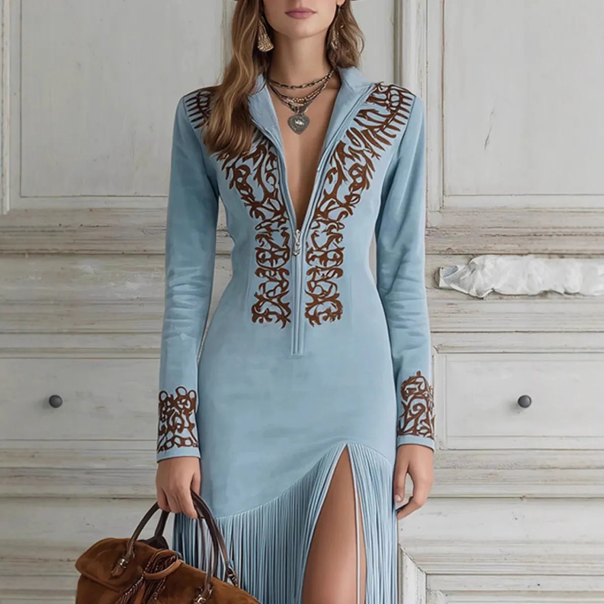 Retro Ethnic Fringe Floral Zipper Dress Western Cowboy Style