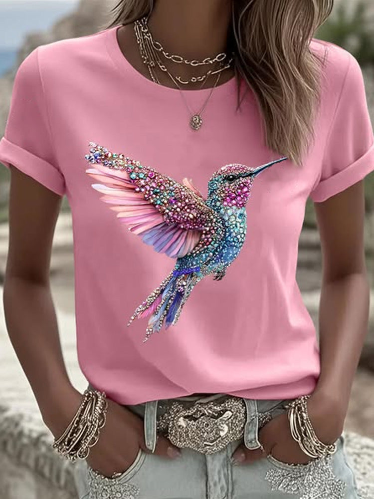 Women's Casual Pink Hummingbird Print T-shirt