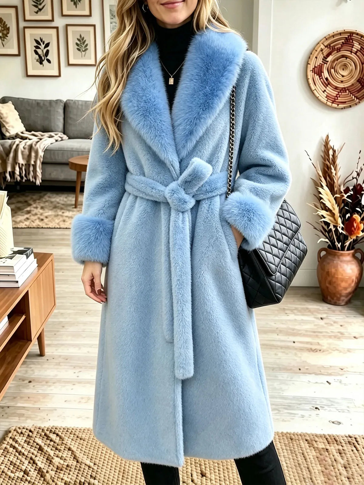 Faux Fur Collar Belted Long Plush Coat, Women Lapel Warm Winter Robe‐Style Outerwear