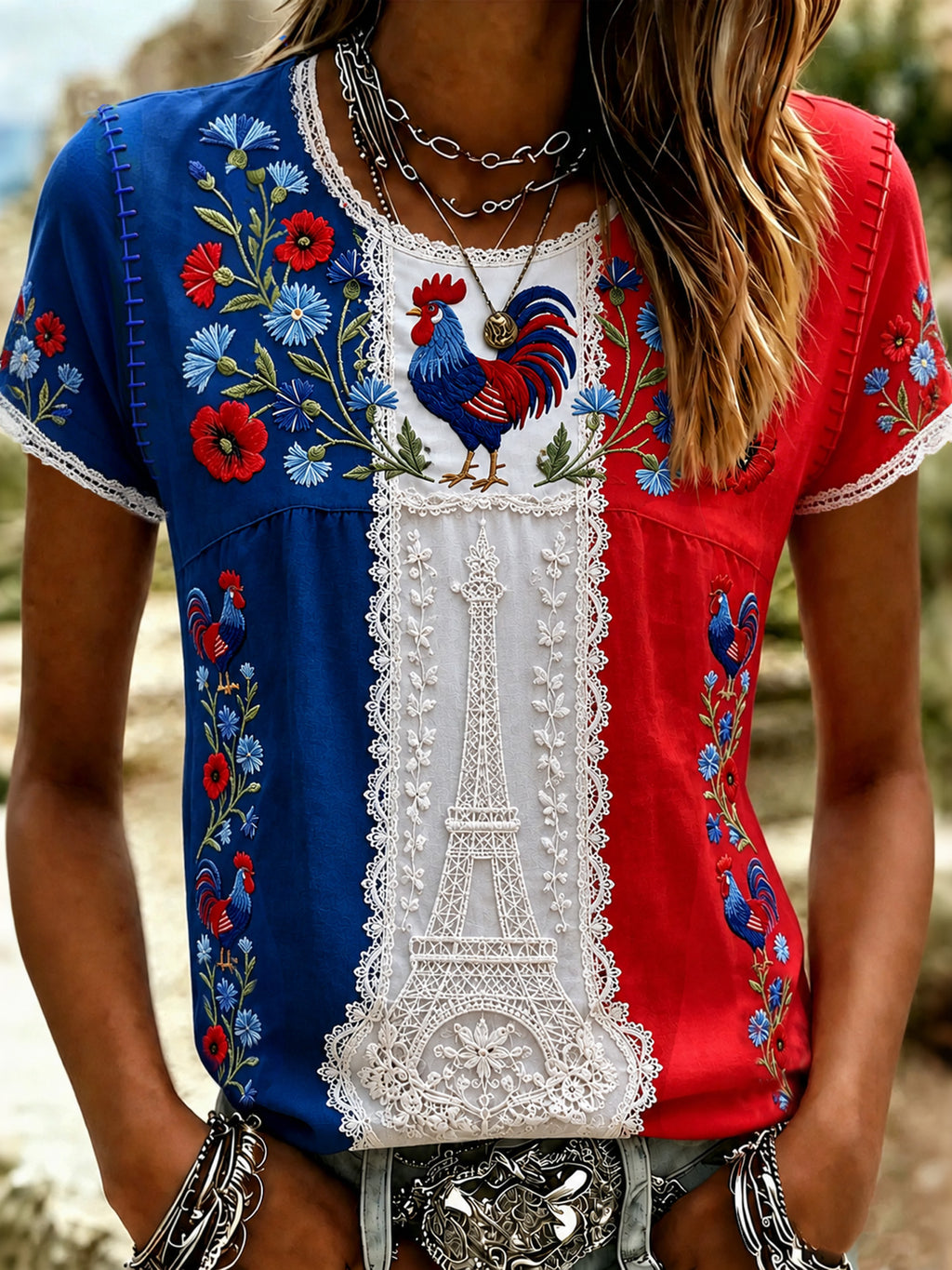 Women's Floral With Cock Embroidered Football Team Cotton And Linen Crew Neck Top