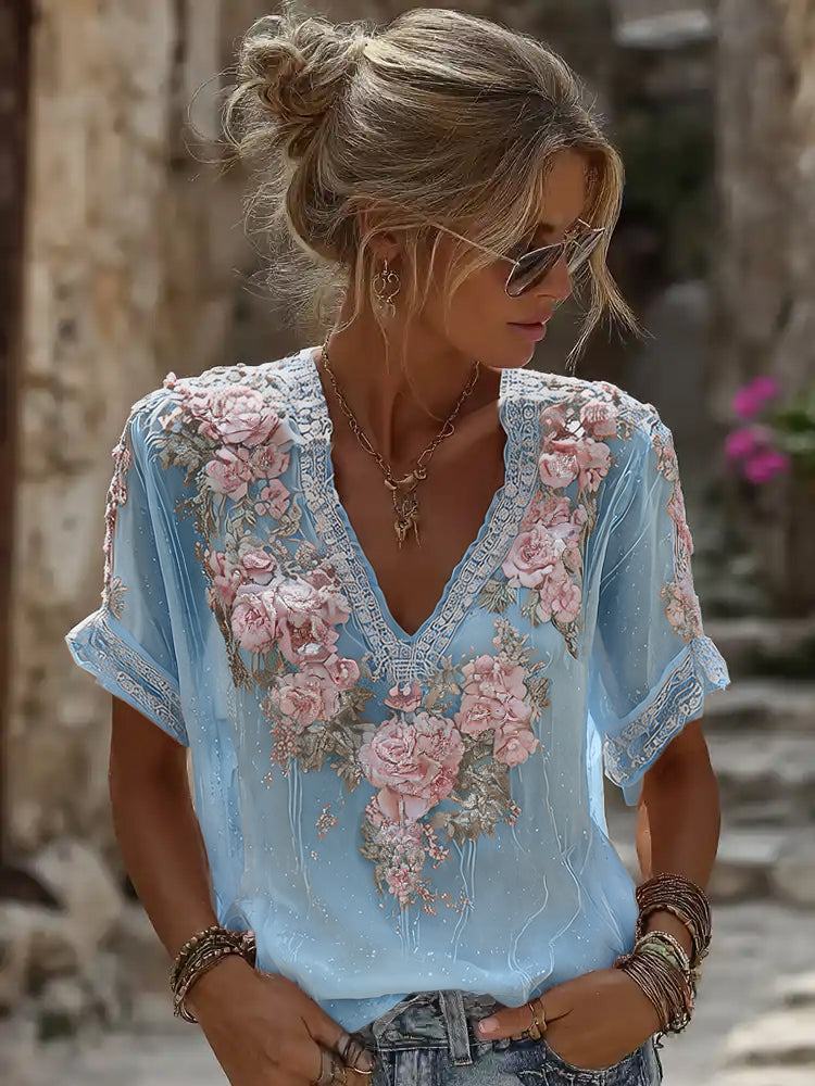 Women's Vintage Resort Embroidered Floral V-neck T-shirt