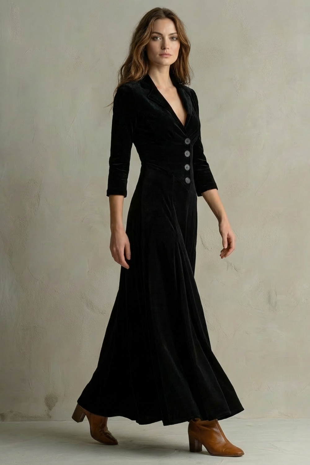 Vintage Velvet Long Dress – Elegant Buttoned Swing Skirt with Lapel Detail