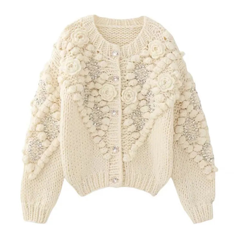 Women's Vintage Bohemian Floral Embroidery Art Aran Sweater Cardigan
