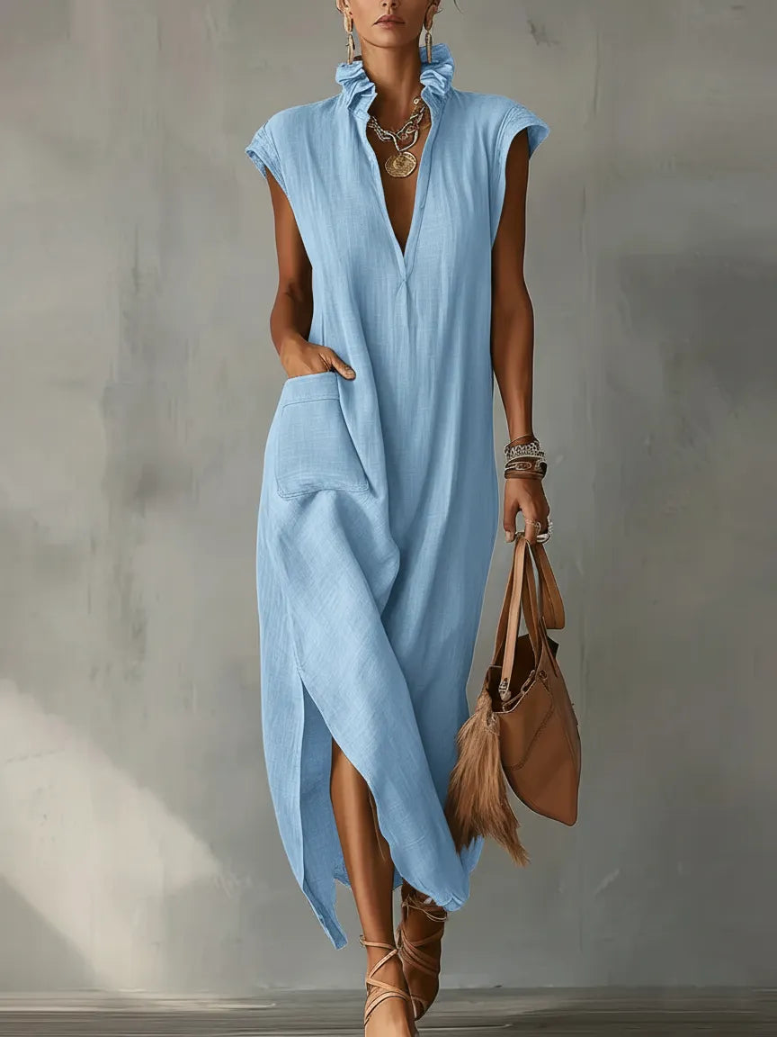 Elegant Ruff Collar Fashion Linen Cotton Midi Dress