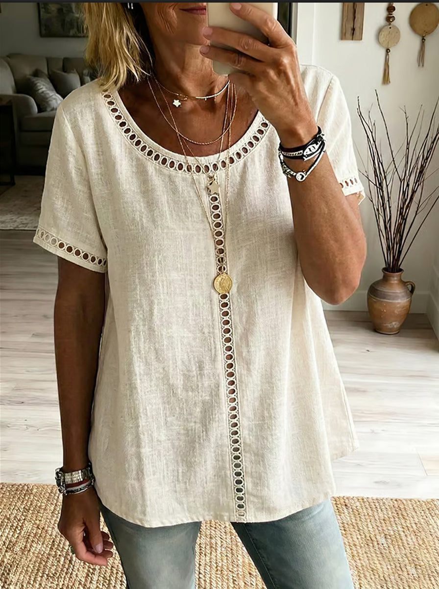 Cozy And Casual Patchwork Linen And Cotton Top With Openwork Weave