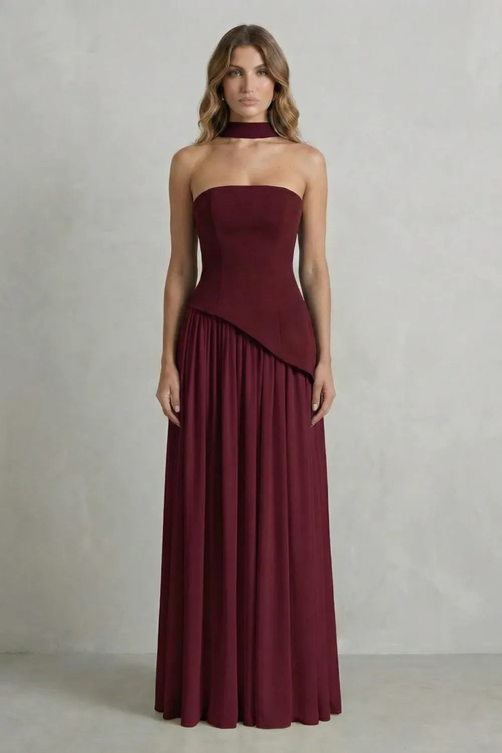 Sculpted draped slit – Strapless maxi dress