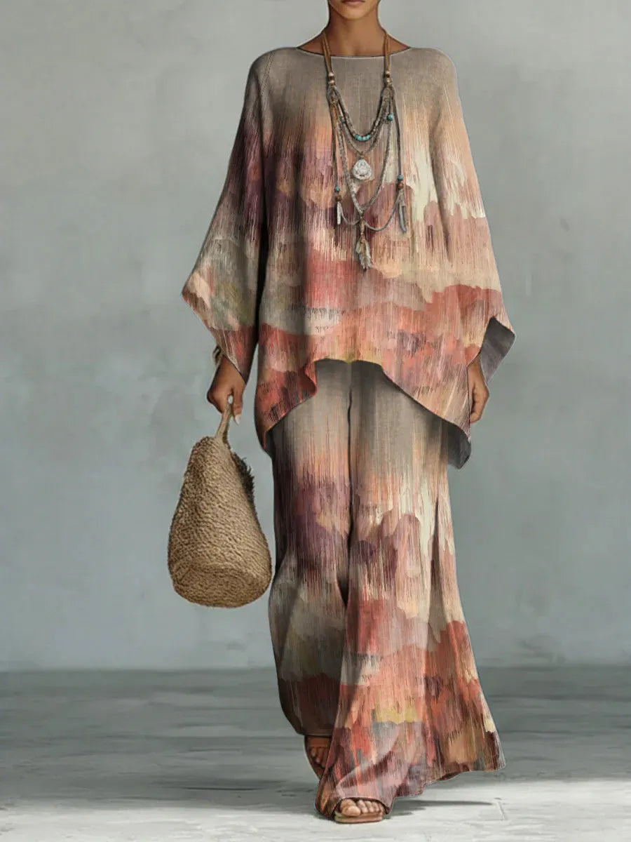Gradient Decorative Pattern Casual Long Sleeve Cotton Linen Top And Pants