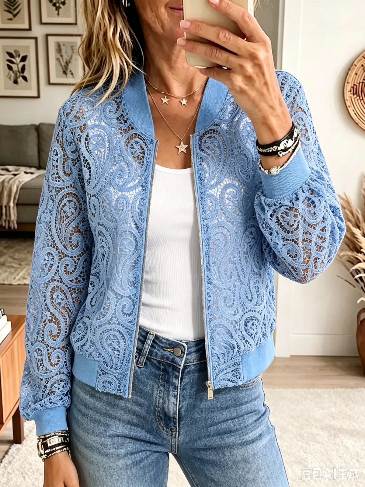 Women's Sheer Paisley Lace Zip-Up Bomber Jacket