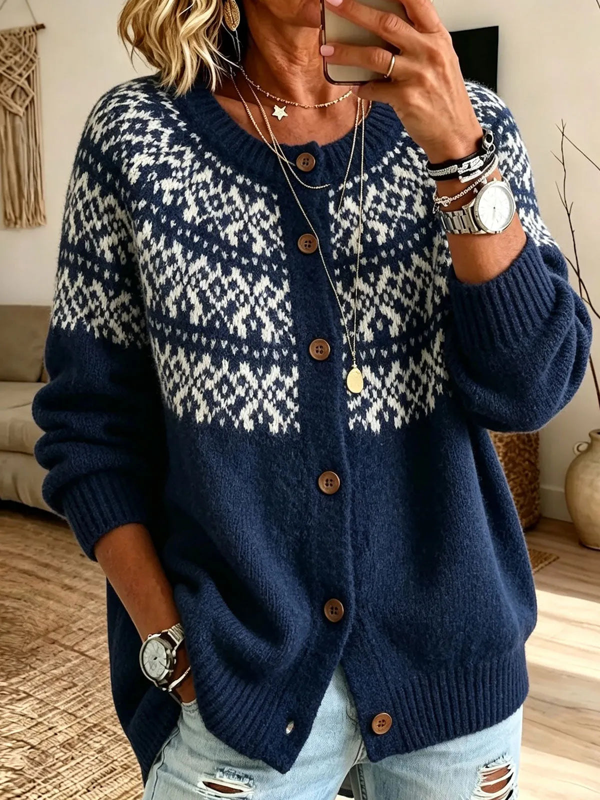 Women Crew Neck Button‐front Long Sleevefair Isle Pattern Knit Cardigan Sweater