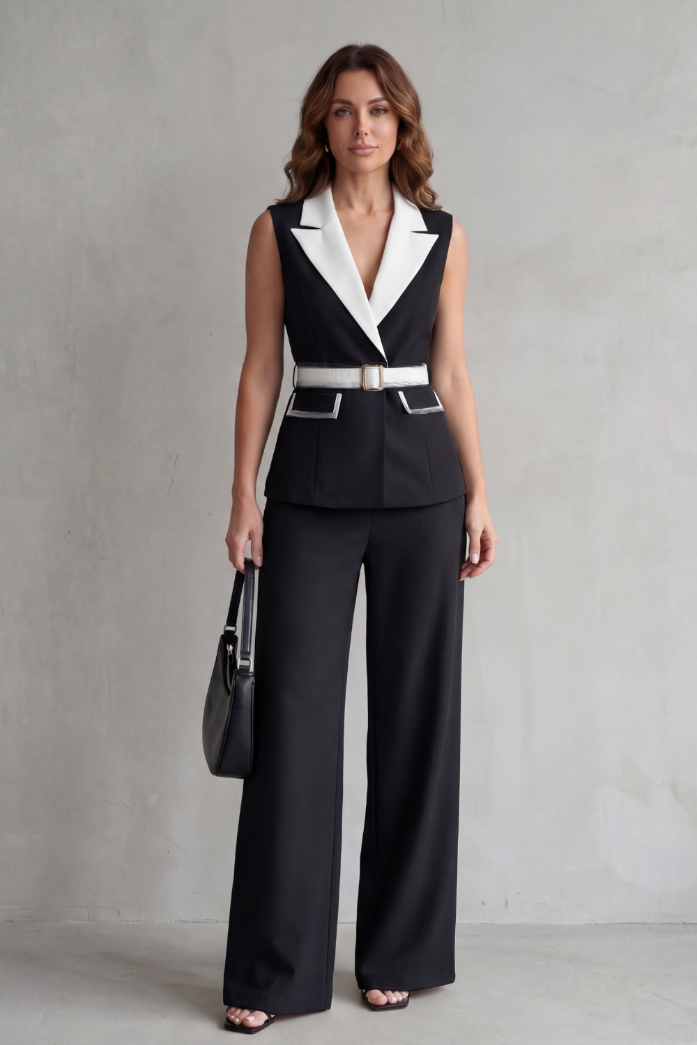 Two-tone lapel – Sleeveless trouser suit