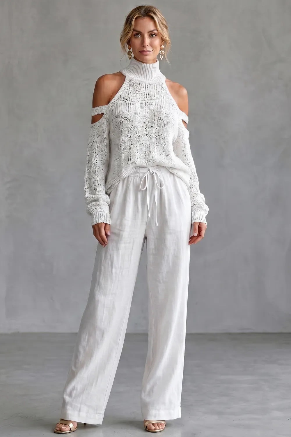 Cozy open-shoulder design – Knit trouser set
