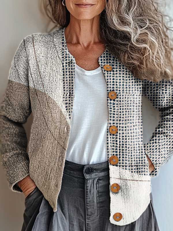 Women's Abstract Geometric Pattern Art Print Buttoned Cardigan Sweater