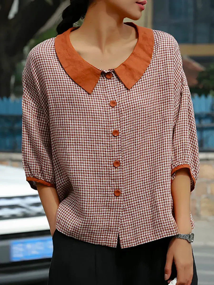 Women's Retro Plaid Pattern Art Casual 3/4 Sleeve Cotton Shirt