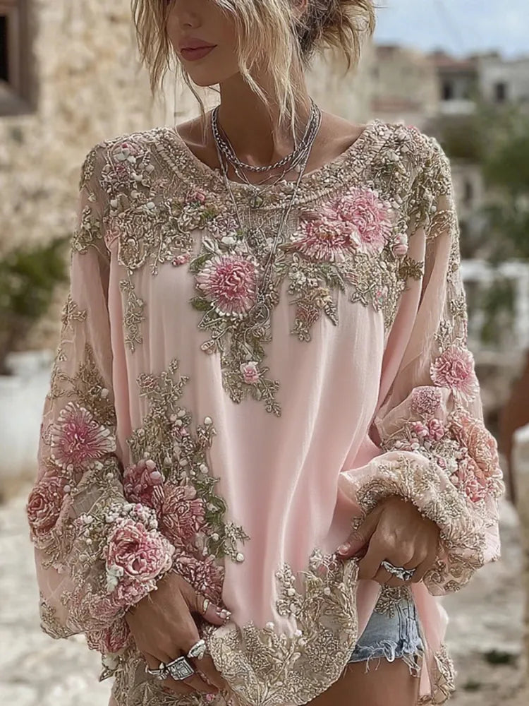 Women's Vintage Pink Flower Embroidery Art Round Neck Long Sleeve T-shirt