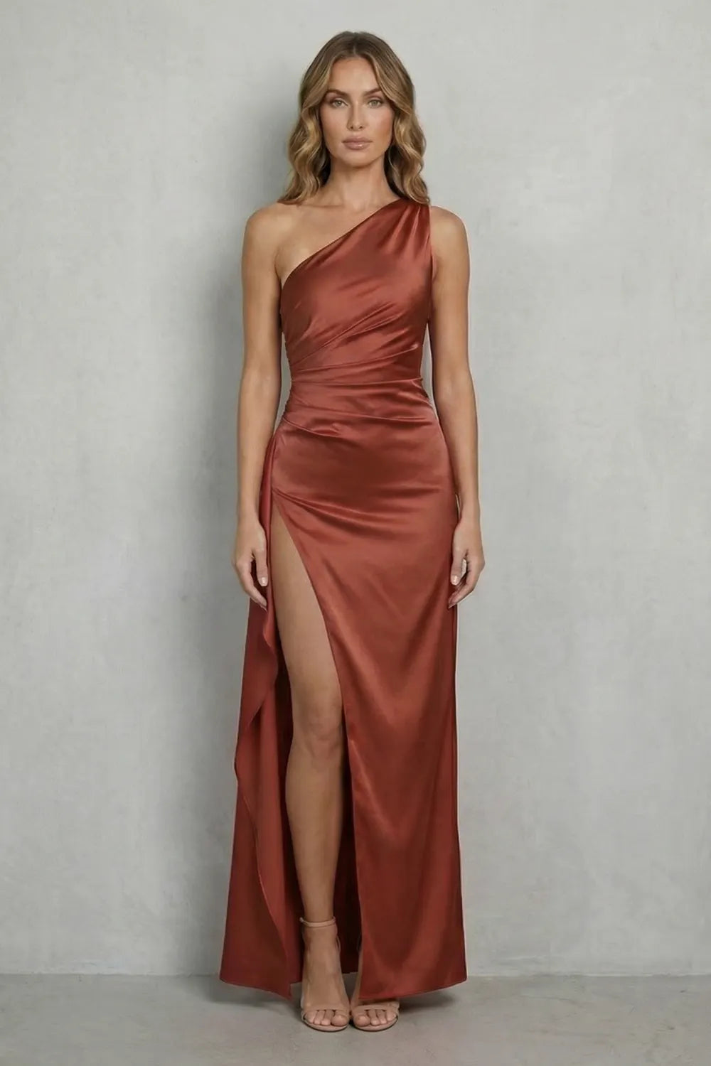 Liquid satin drape – One-shoulder evening gown