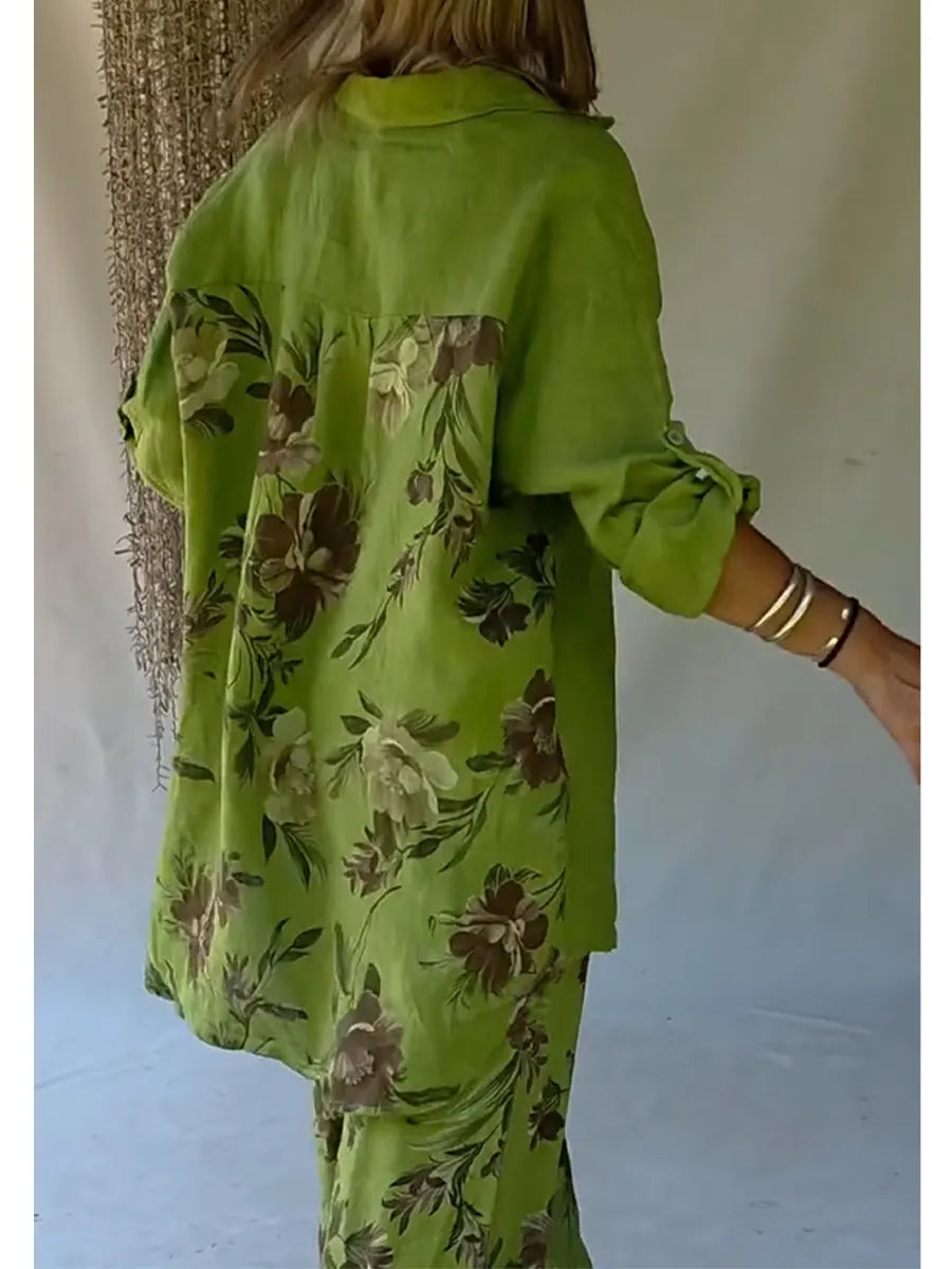 Casual Floral Print Linen And Cotton Shirt And Trousers Two-piece Set