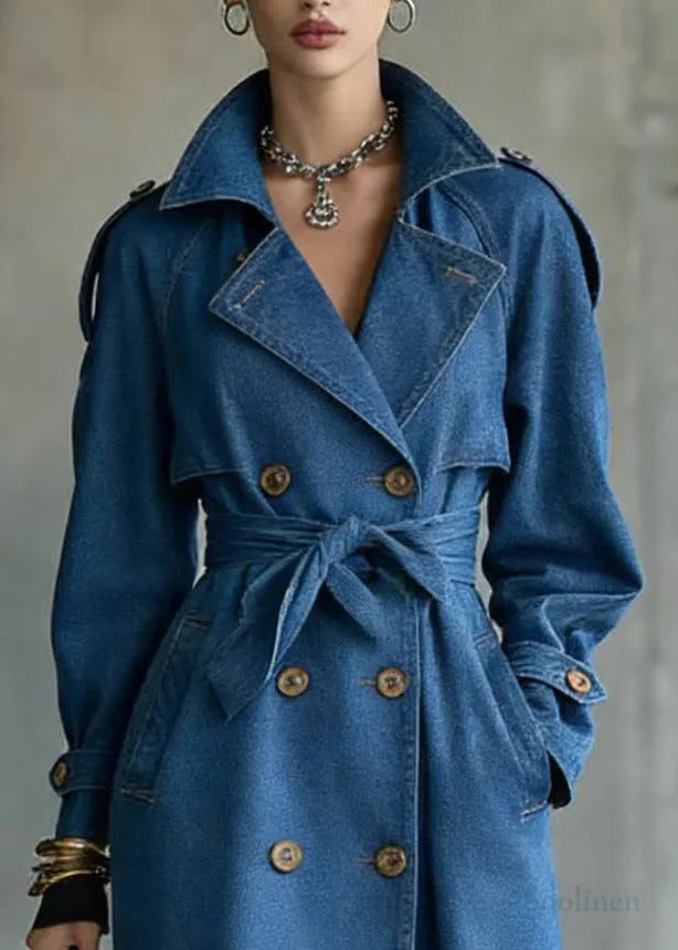 French Blue Oversized Double Breast Denim Trench Coats Spring