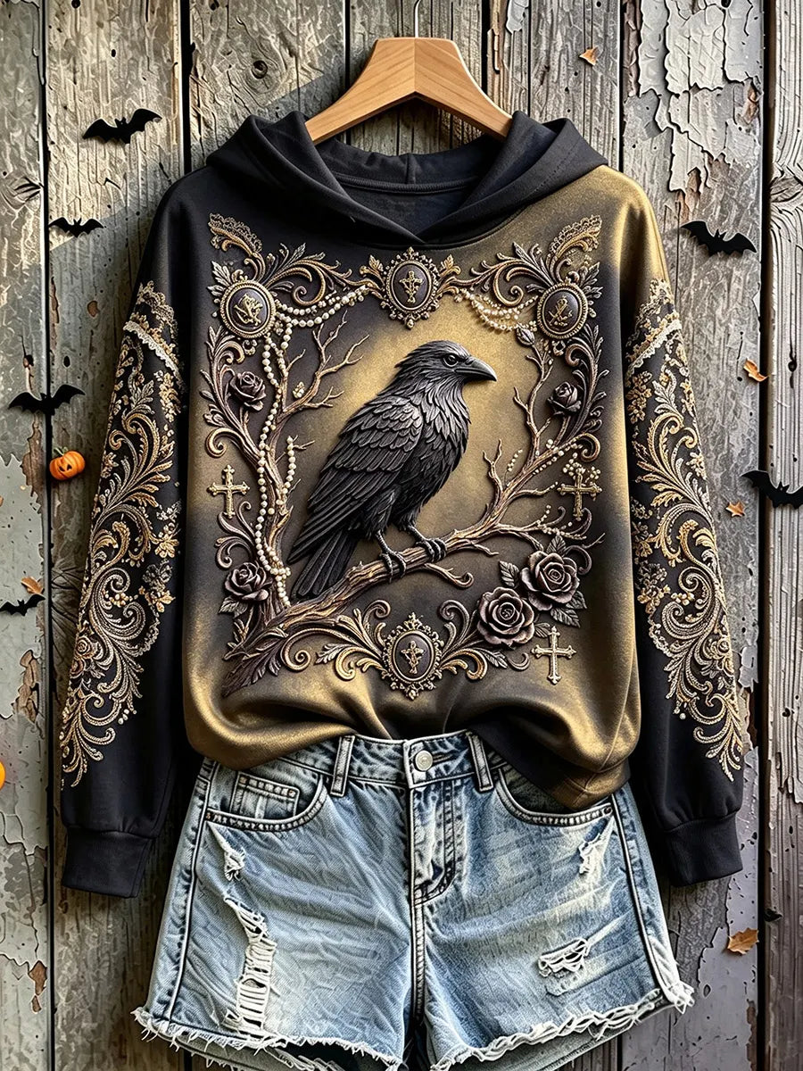 Halloween Crow Art Print Vintage Casual Hoodie