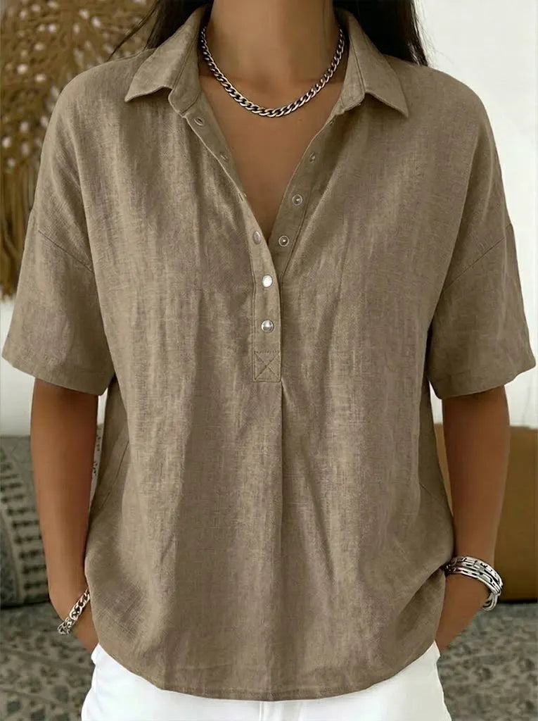 Casual Polo Collar Short-sleeved Linen And Cotton Shirt