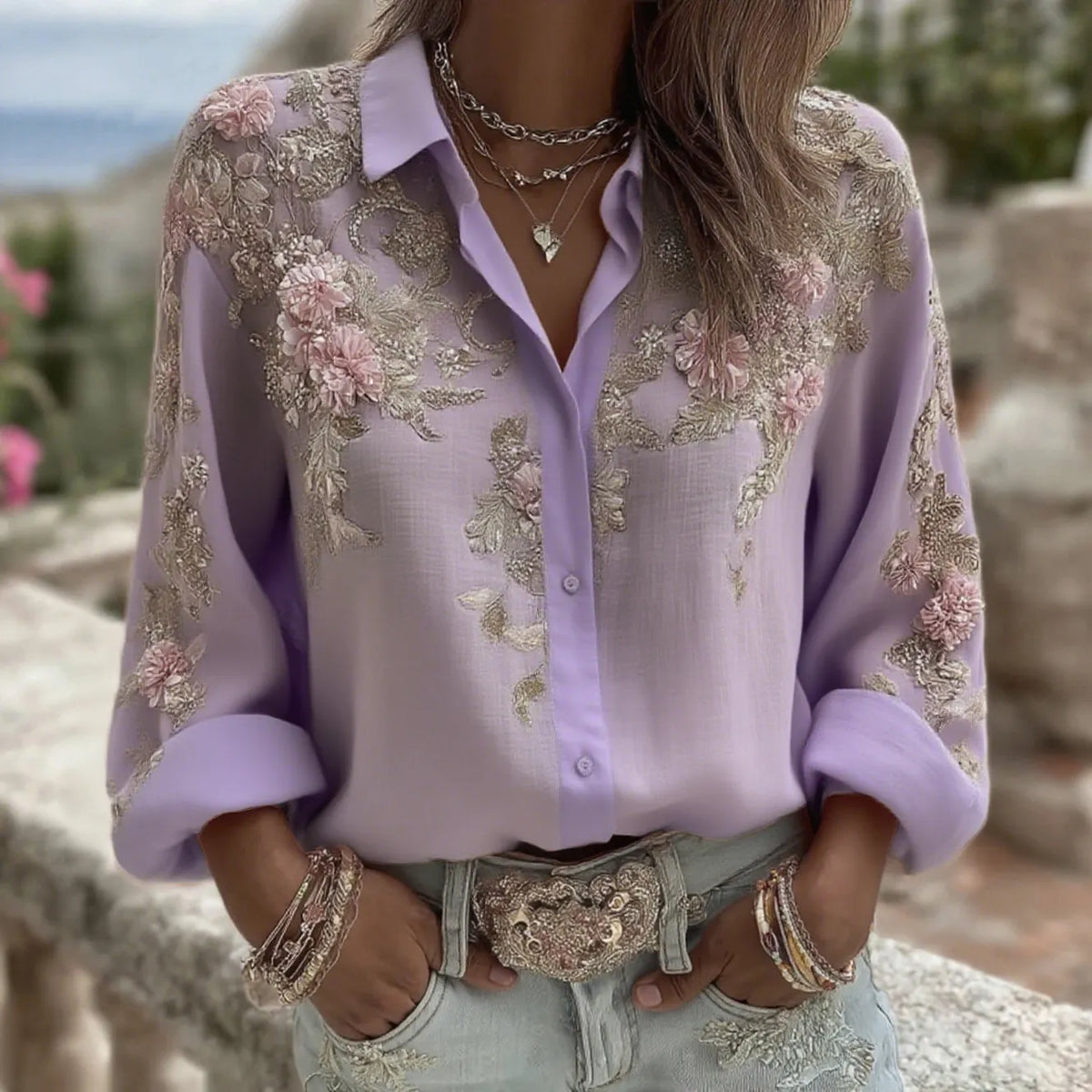 Women's Pink Flower Embroidery Art Long Sleeve Linen Blend Shirt