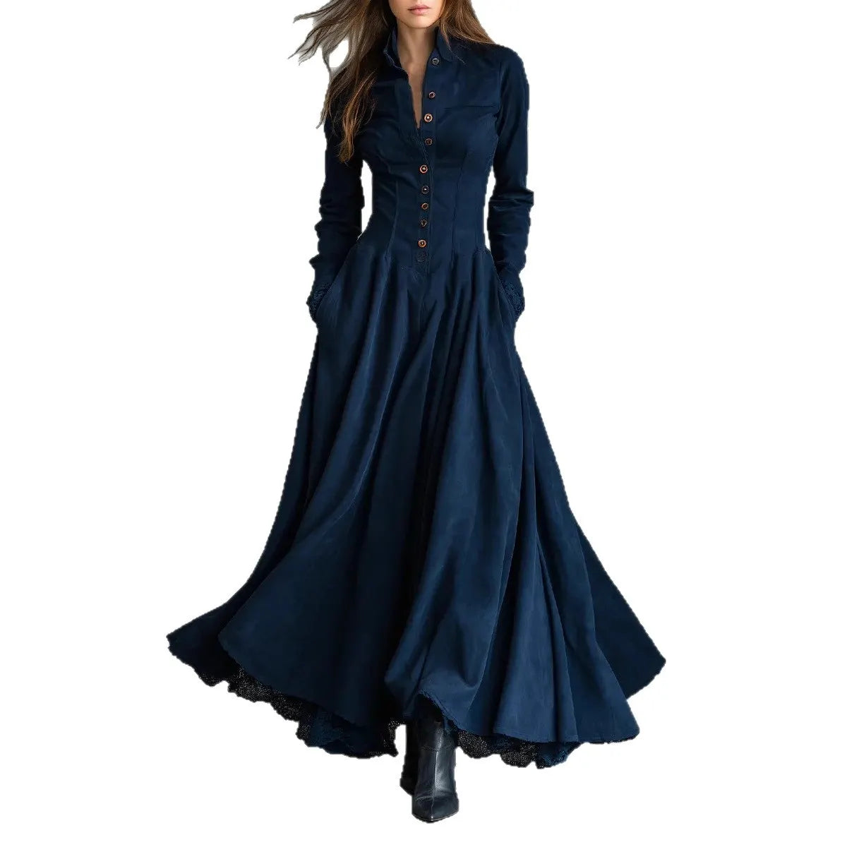 Elegant Navy Blue Long Sleeve Maxi Dress with Button-Down Front and Flared Skirt
