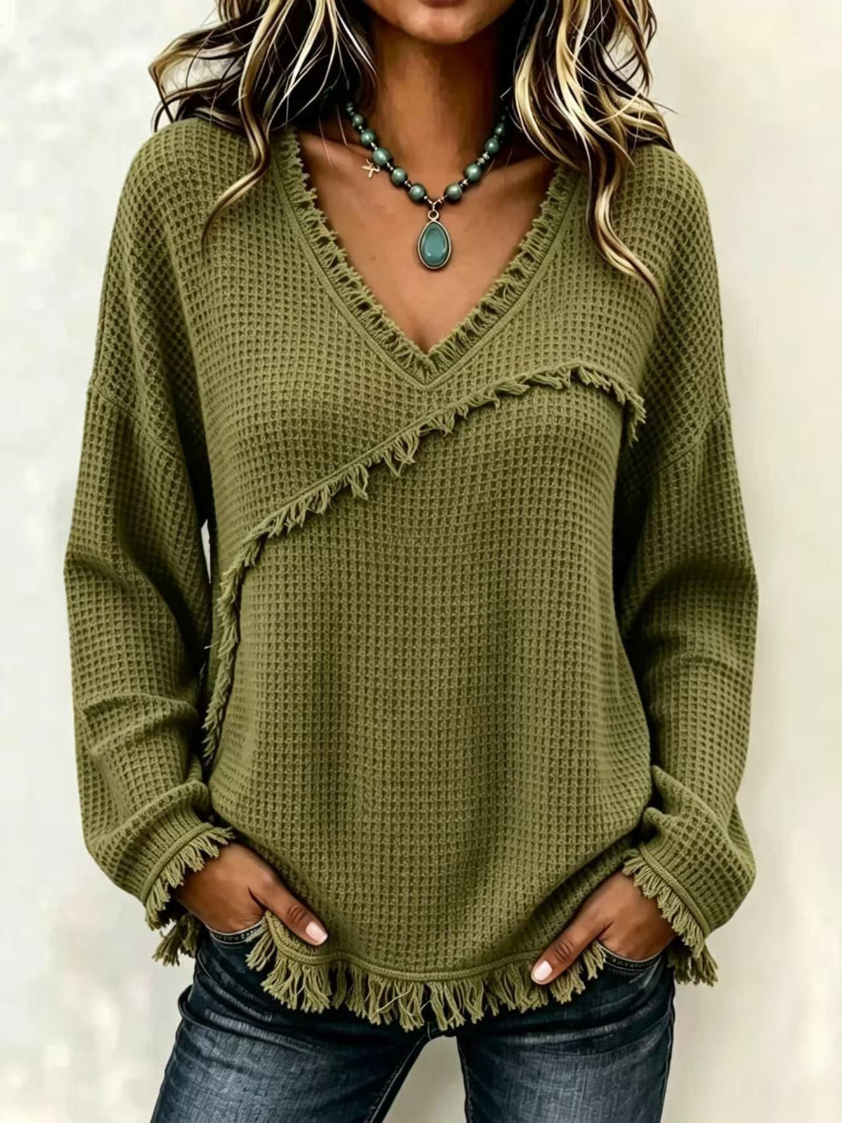 Fringe Trim Waffle Knit V‐Neck Sweater, Women Long Sleeve Loose Pullover Top