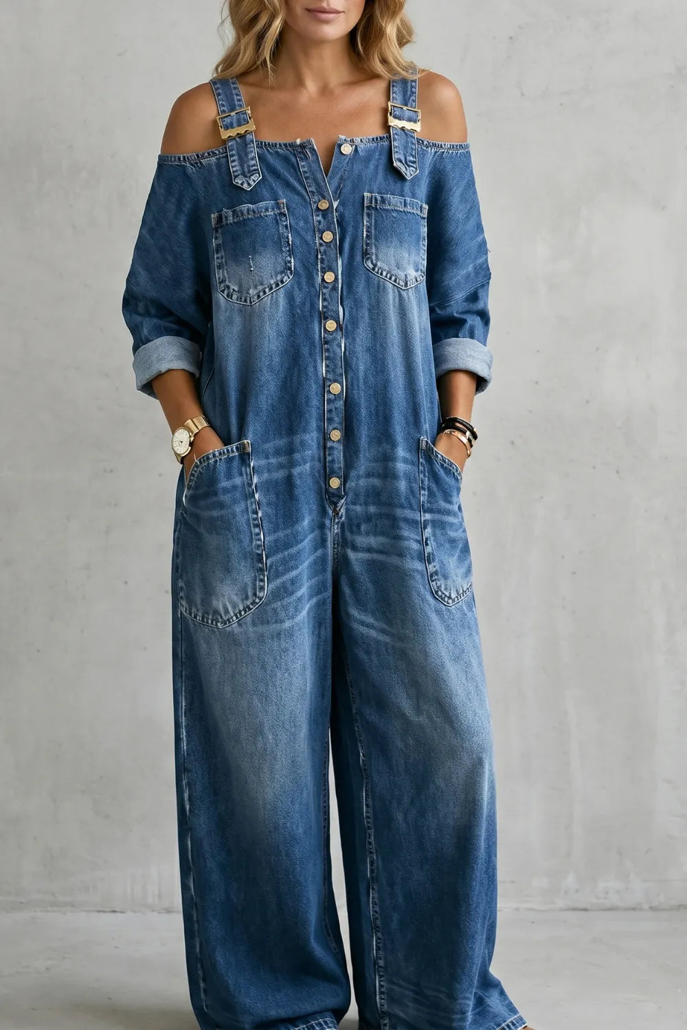 Off-shoulder utility charm – Wide-leg overalls