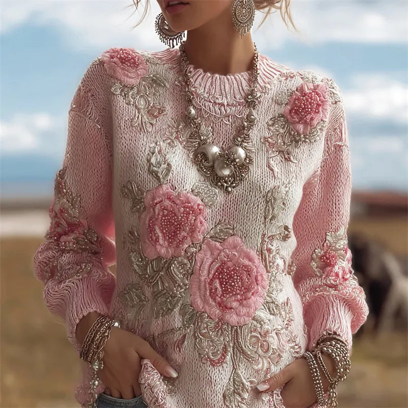 Vintage Pink Roses Beaded Embroidered Cozy Knit Sweater