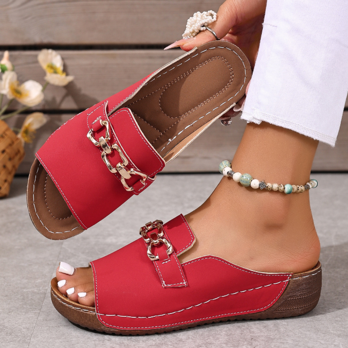 Metallic Buckle Wedge Mules – Easy Slip-On with Arch Support