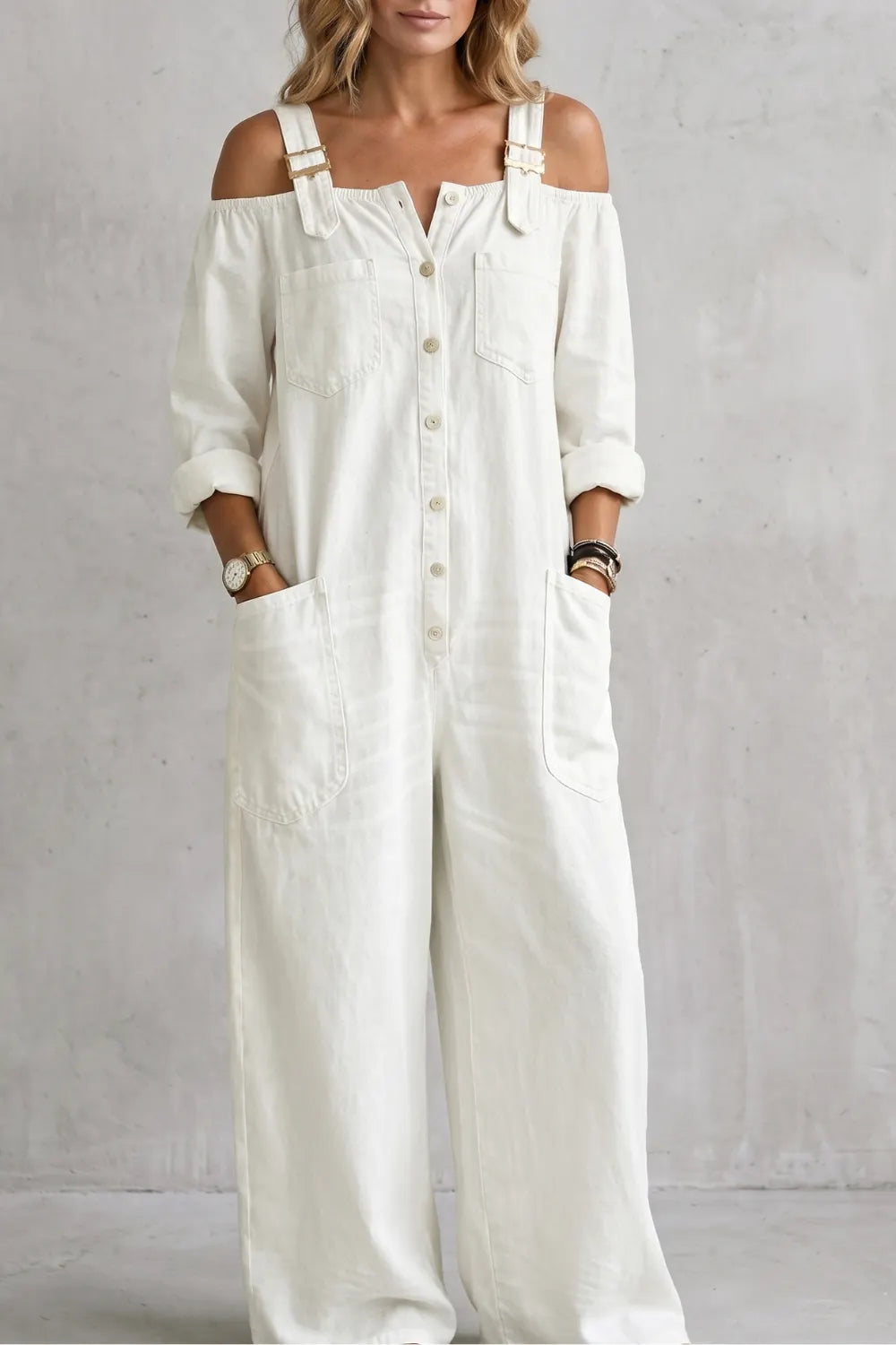 Off-shoulder utility charm – Wide-leg overalls