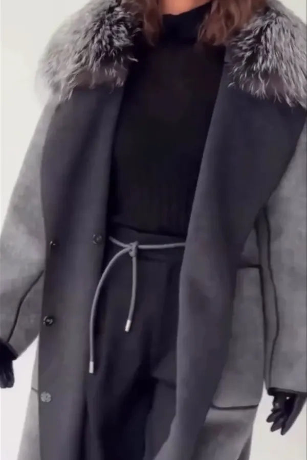 Women Casual Fur Collar Cross Tie Contrast Line Coat