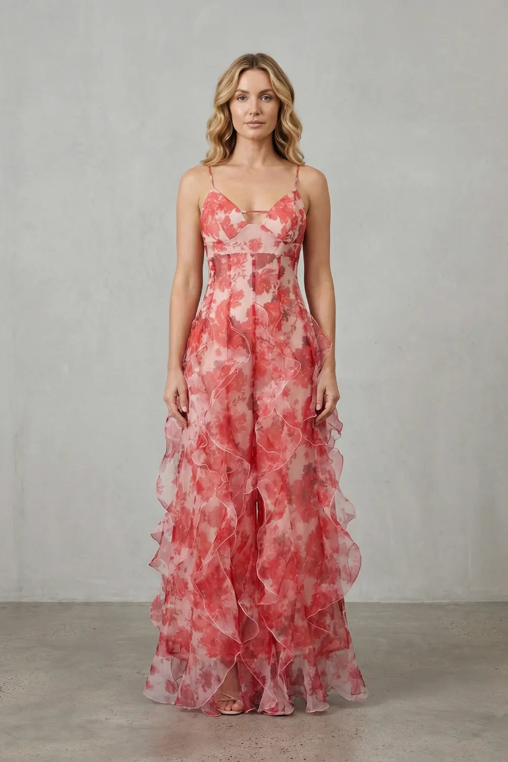Watercolour bloom flow – Ruffled chiffon maxi dress