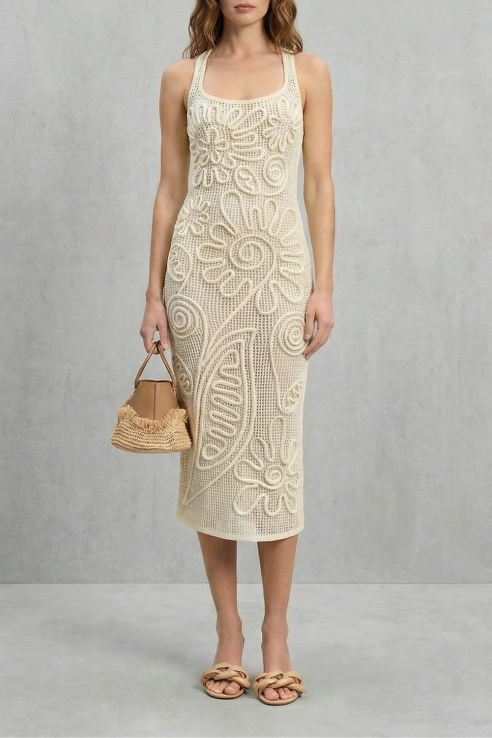 Sculpted crochet bloom – Textured midi dress