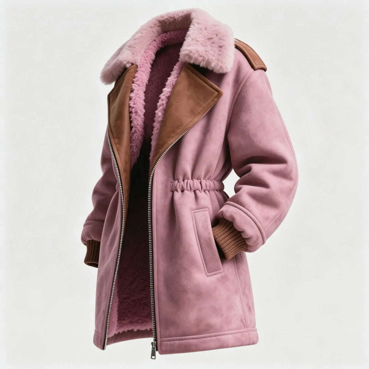 Women's Retro Suede Contrast Color Splicing Jacket Lambswool Lining Thickened Mid-Length Jacket