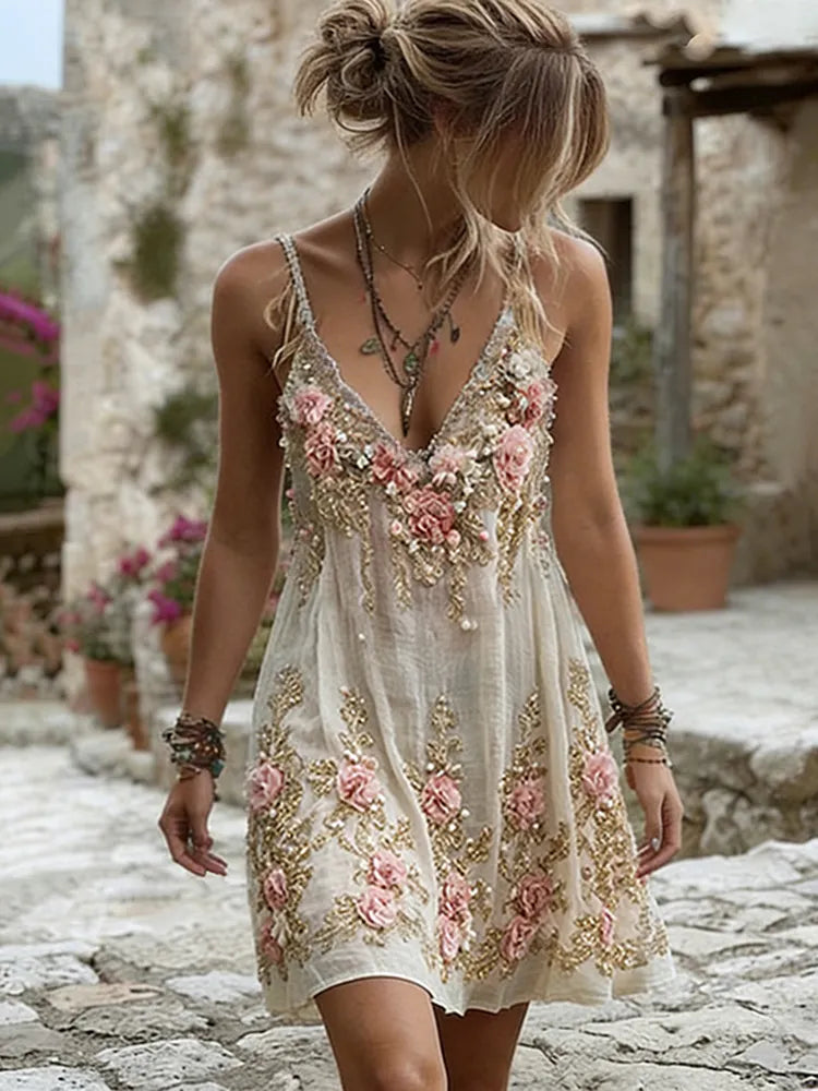 Women's Pink Rose Embroidery Art Suspender Mini Dress