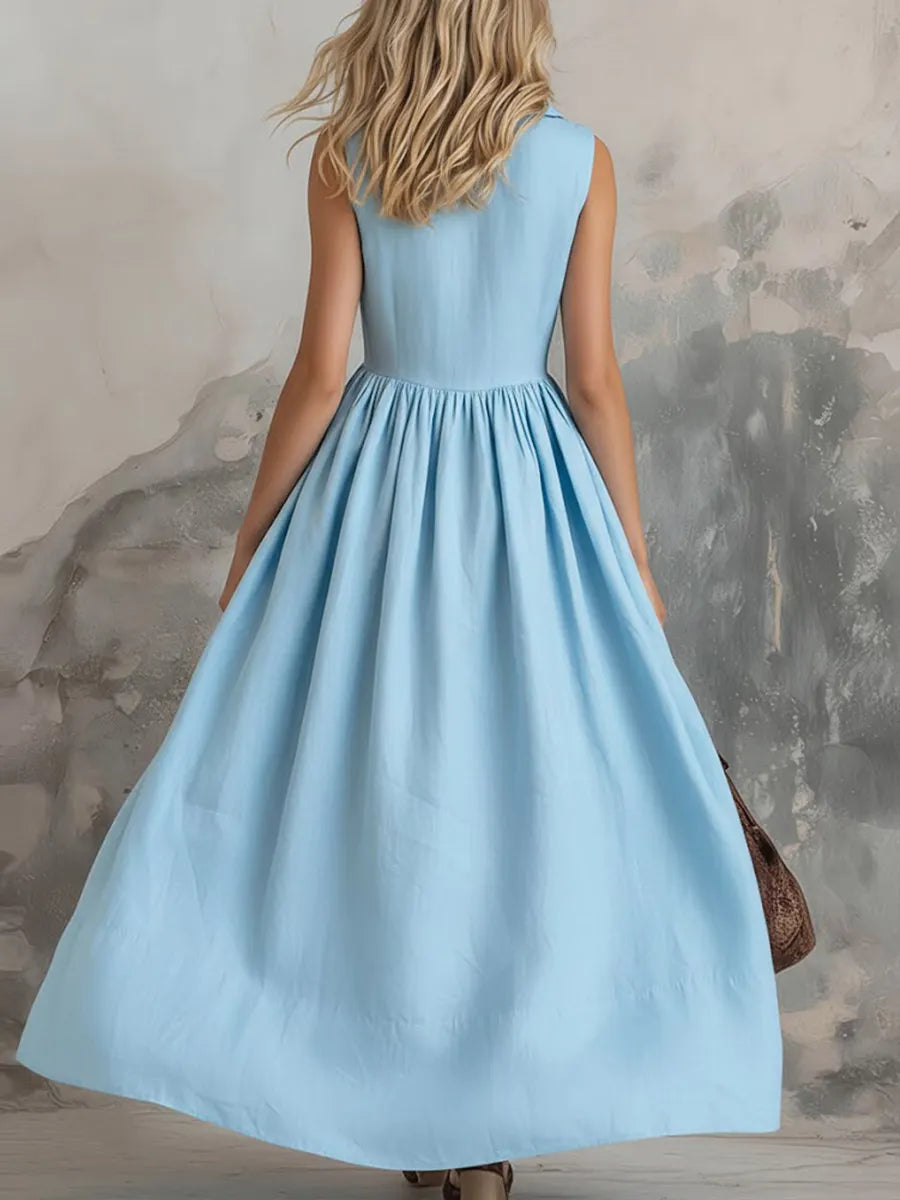 Women's Solid Color Lapel Sleeveless Casual Loose Cotton Dress