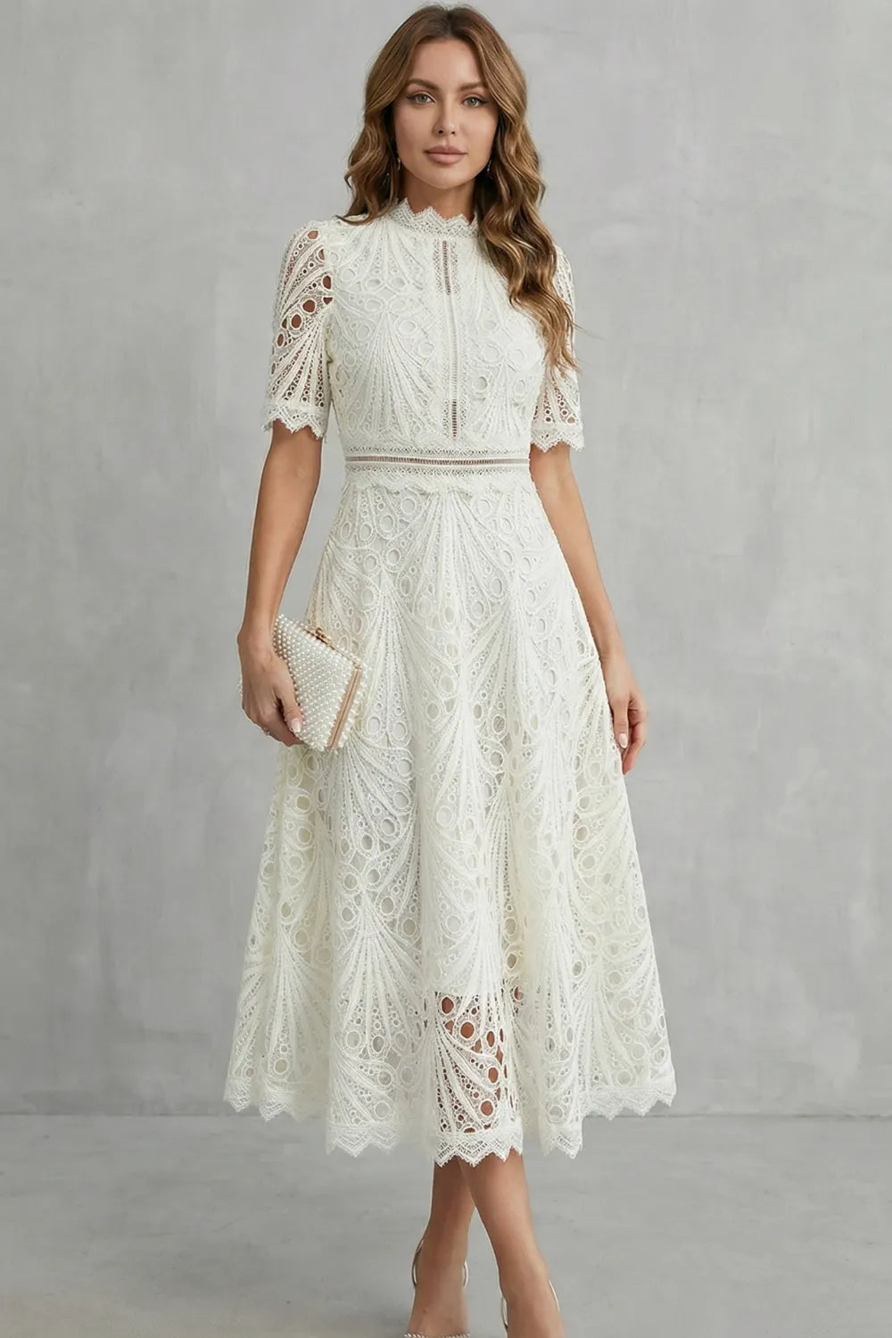 Ornate lace refinement – High-neck midi dress