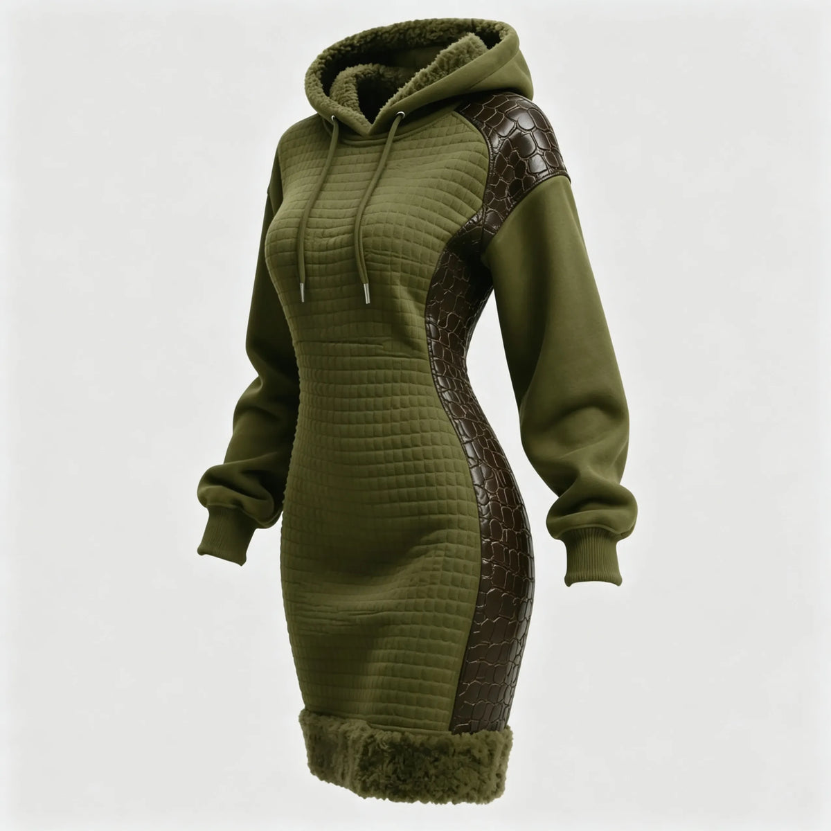 Women's Contrast Color Stitching Suede Lambswool Lapel Hooded Long Sweatshirt Dress