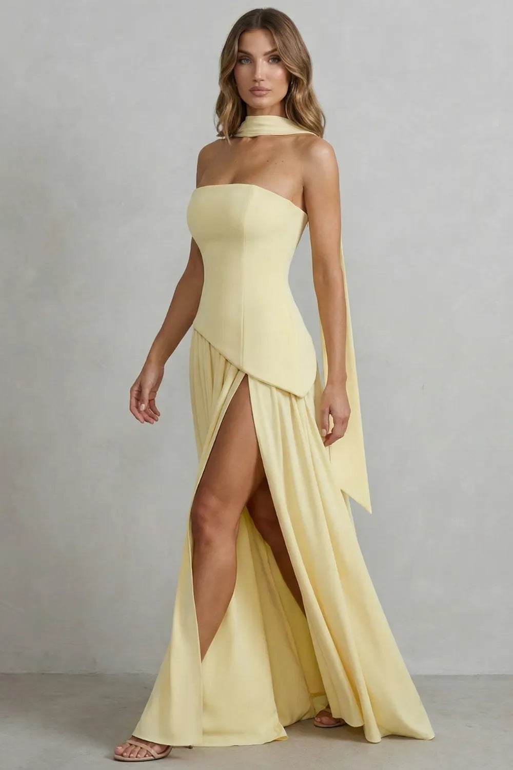 Sculpted draped slit – Strapless maxi dress