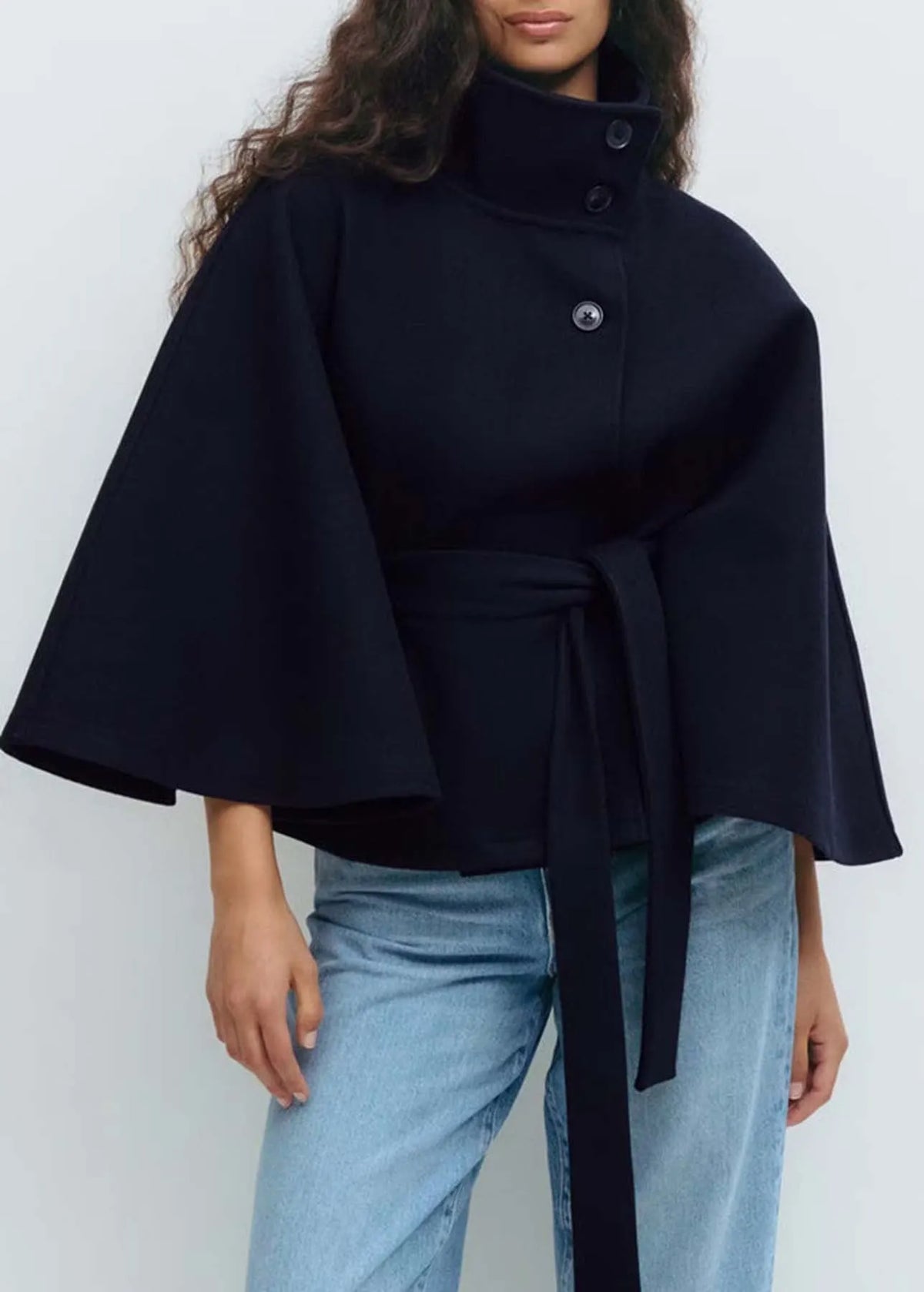 Cape Sleeve Belted Wool Blend Coat Stand Collar Button Wrap Jacket