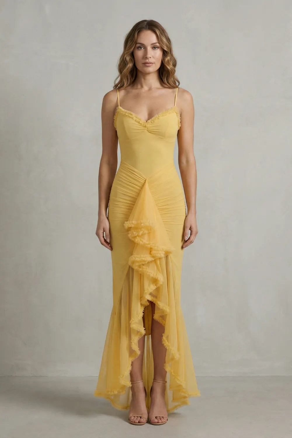 Feminine ruffle allure – Sleeveless high low maxi dress
