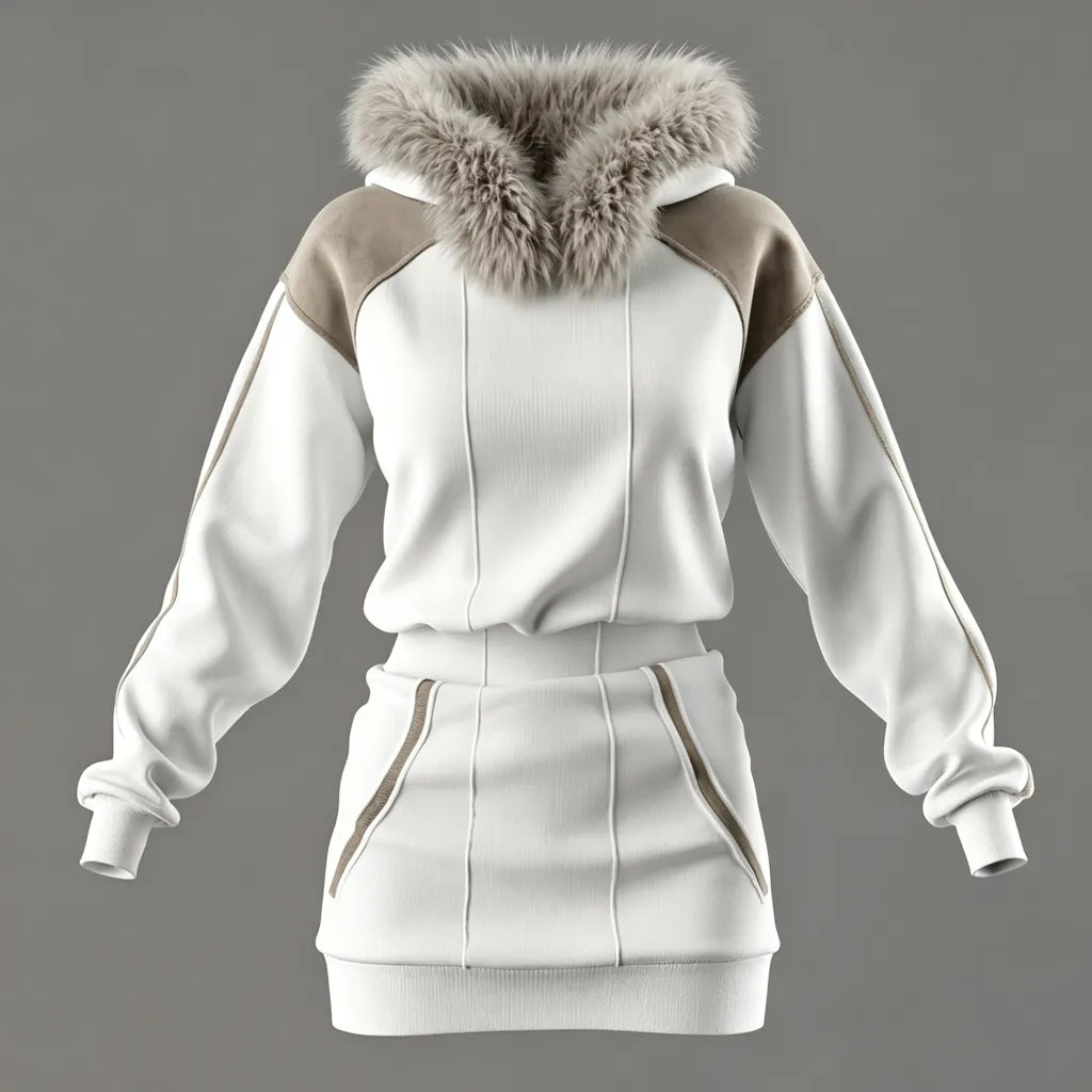 Winter Fashion White Hooded Jacket With Fur Trim And Matching Skirt Set