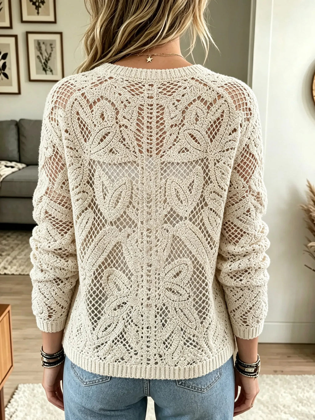 Women's Floral Open-Knit Crochet Cardigan