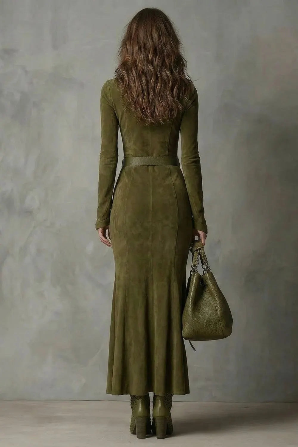 Belted suede style – Maxi zip dress（Includes belt）