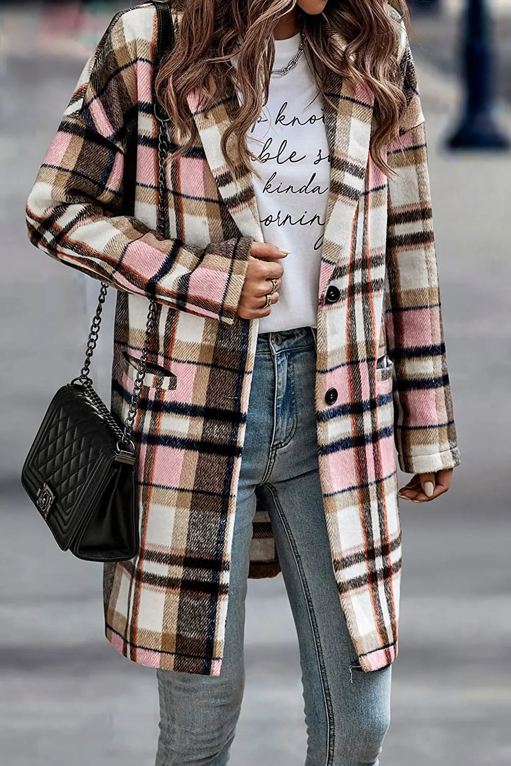 Women Plaid Notched Lapel Mid‐Length Wool Blend Coat, Casual Button Down Oversized Outerwear
