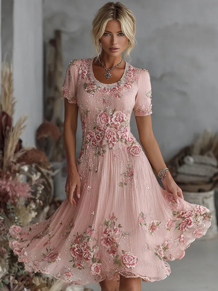 Women's Vintage Floral Art Pattern Crew Neck Short Sleeve Linen Maxi Dress