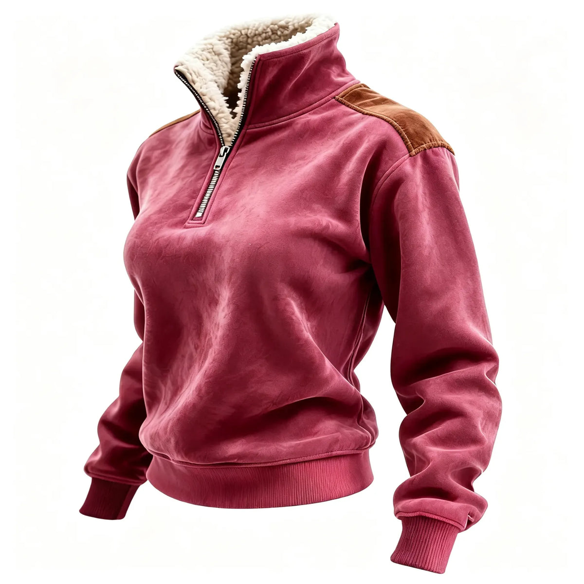 Retro Western Style Women's Contrast Color Patch Suede 1/4 Zip Stand Collar Sweatshirt