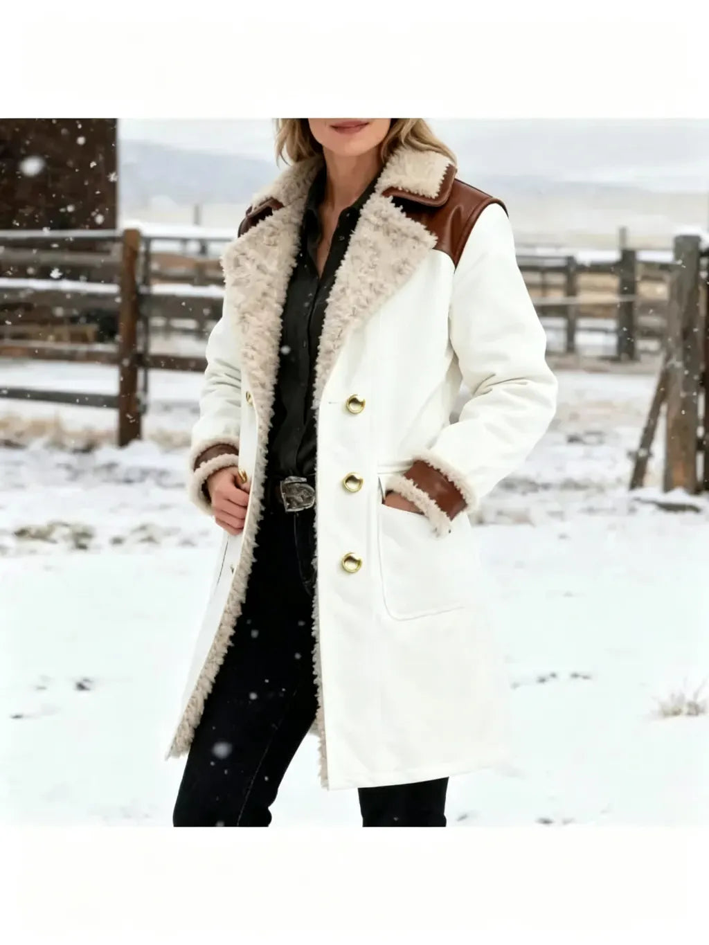 Women's Vintage White Leather Contrast Fleece Faux Fur Lining Coat